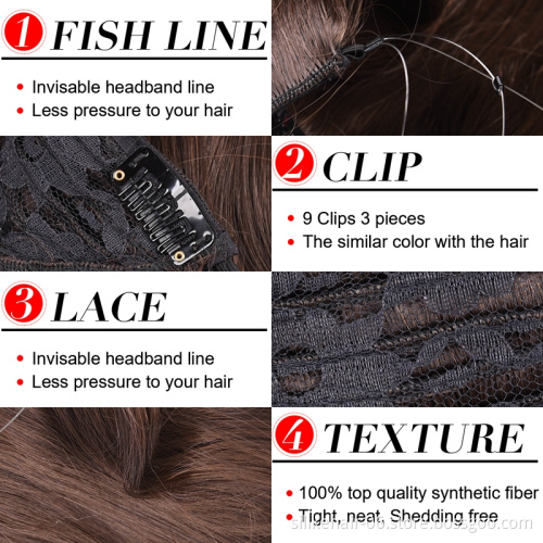 18"Synthetic Long wavy Curly Fish Line  Hair Extensions Heat Resistant Light Brown Gray Blond Thick Women Hair Extension Hairpie